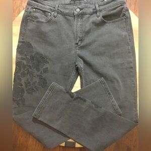 Guess men embroidered rose charcoal black slim tapered jeans size 38-32